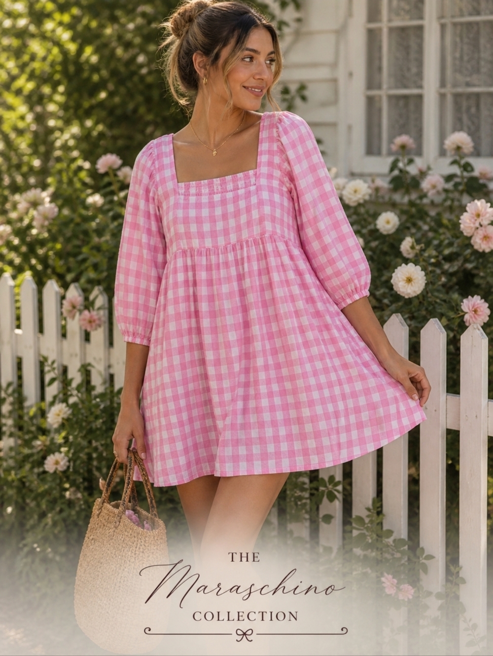 Umgee Pink Gingham Square Neck Mini Dress